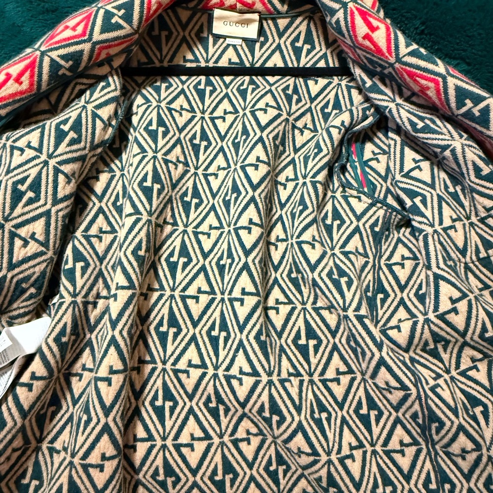 Gucci Red, Navy & Cream Geometric Wool Belted Cape Coat - Picture 6 of 7